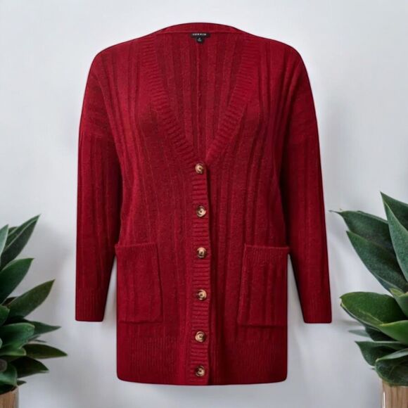 Torrid 3 Boyfriend Cardigan Sweater Rhubarb Red Vegan Cashmere Soft Cozy Pockets - Picture 1 of 16